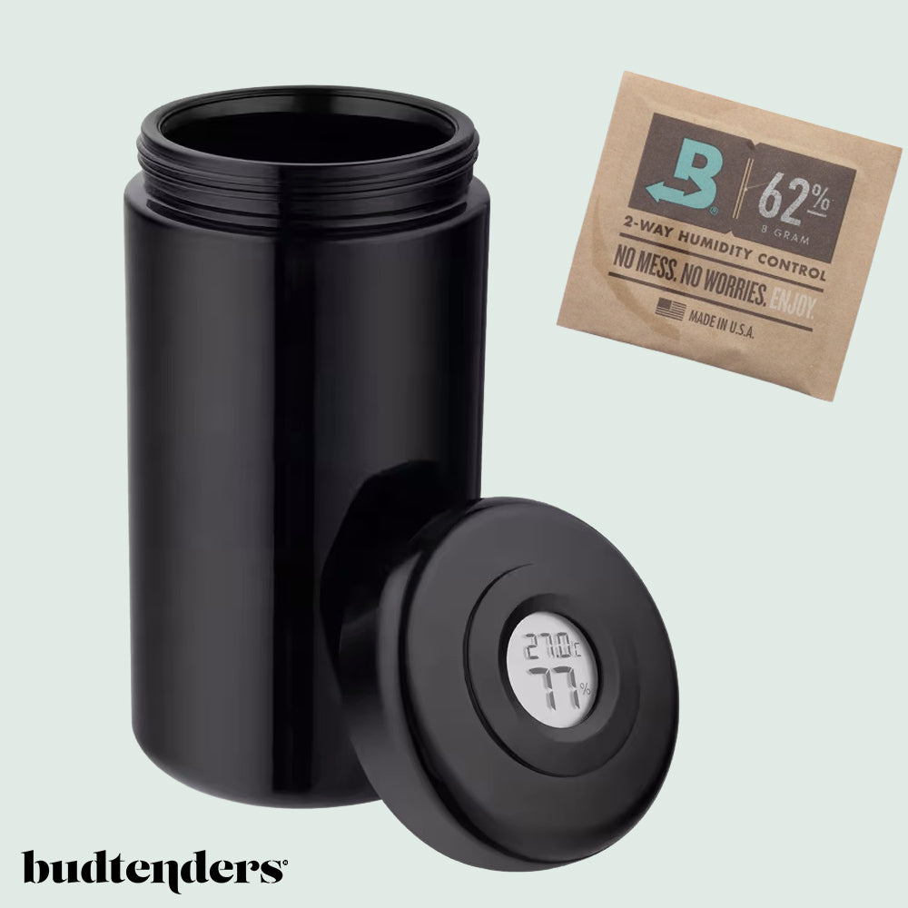 Cannabis Humidor premium ab 24,90€ Violettglas mit Hygrometer & Boveda