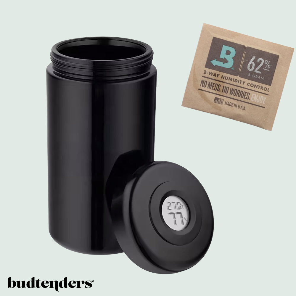 Cannabis Humidor premium ab 24,90€ Violettglas mit Hygrometer & Boveda